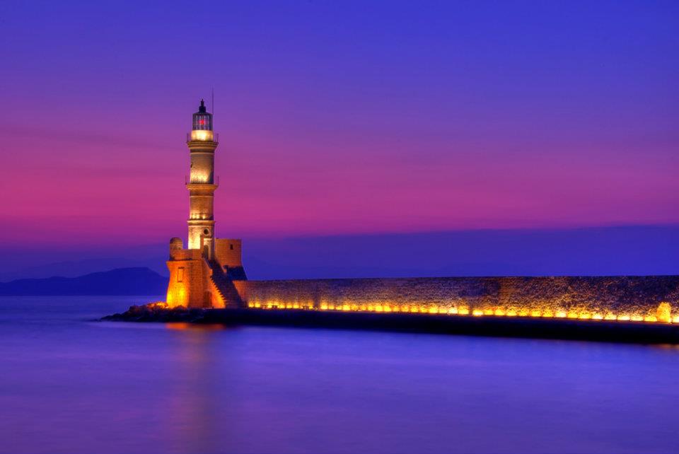 Greece Crete Chania Lit up Lighthouse